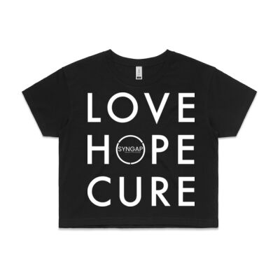 Love hope cure syngap1 white text womens crop tee Thumbnail